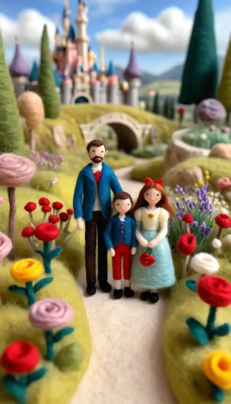 Felted family enjoying a whimsical day in a theme park