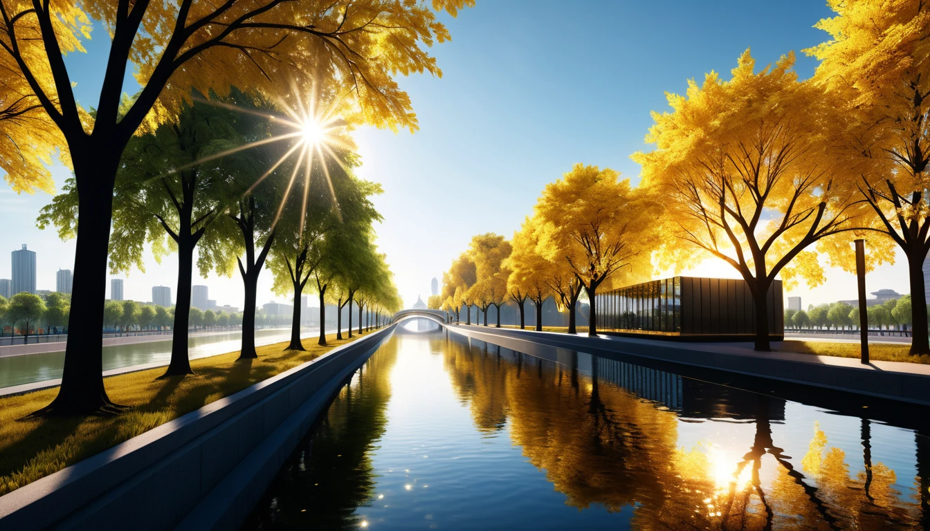 Golden celestial boulevard with tree of life and river