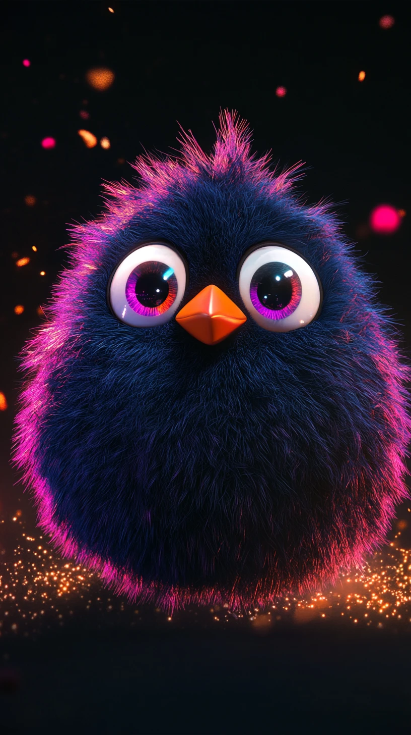 Cute 3D bird character glowing against a dark background