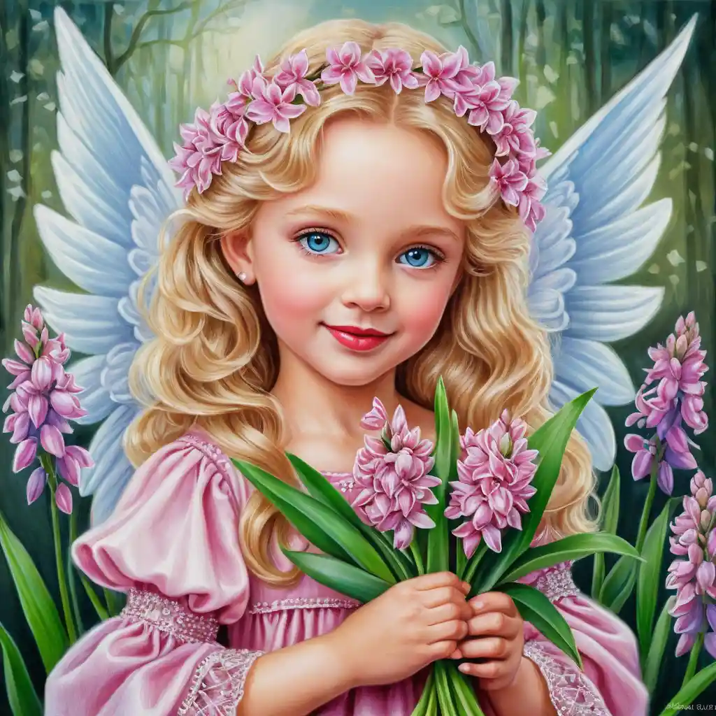 Menina anjo sorridente de primavera com flores em vestido verde