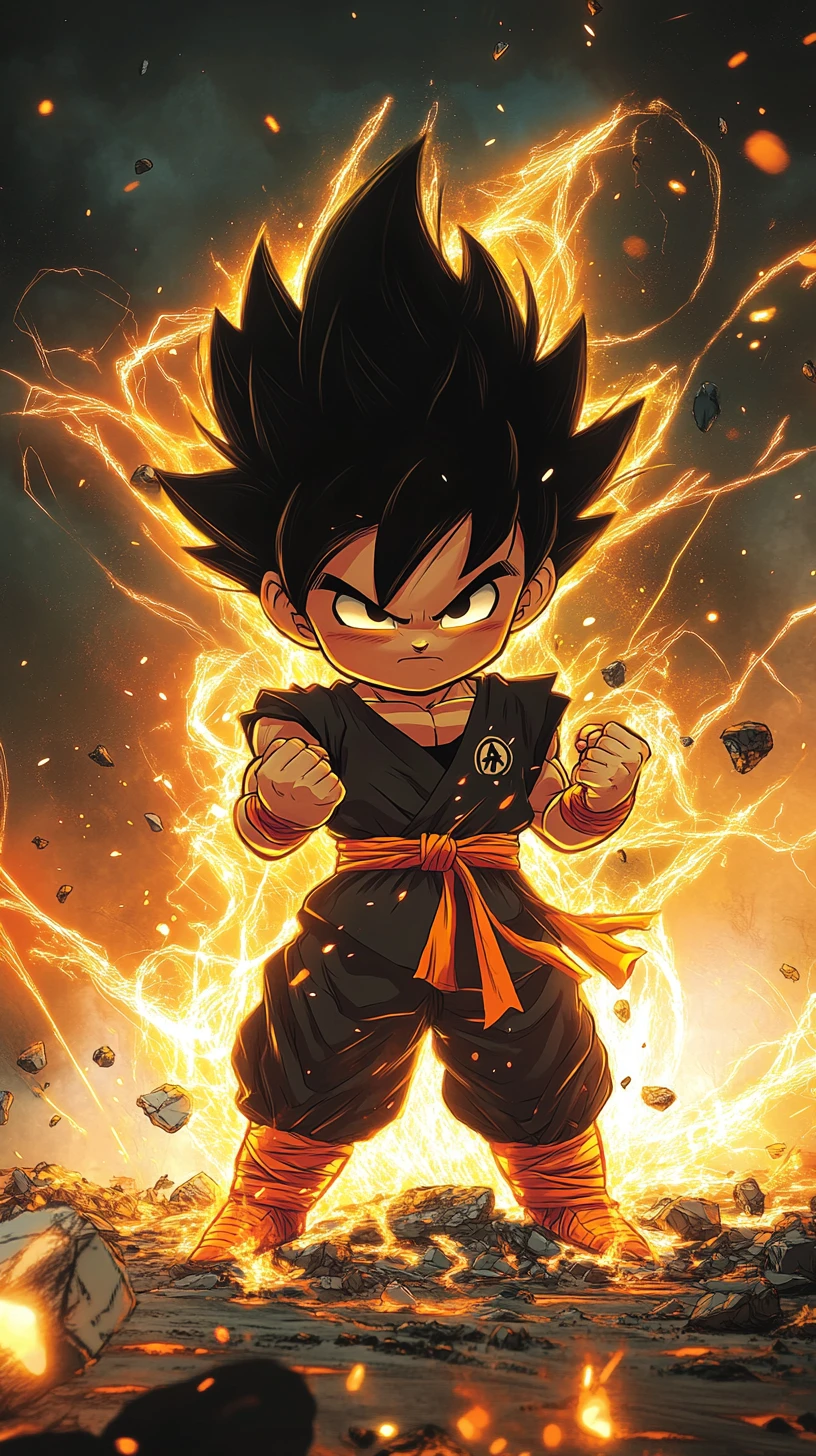 Chibi warrior boy glowing with power in dramatic light