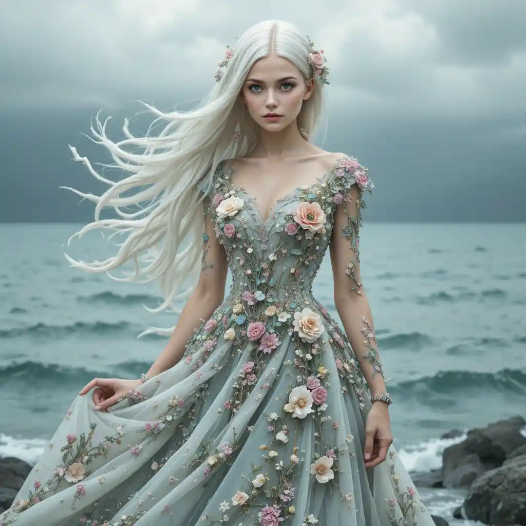 Mystical sea nymph with flowing white hair at the shore
