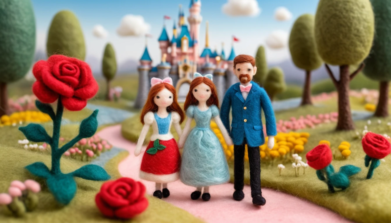 Felted wool family enjoying a whimsical Disneyland park scene