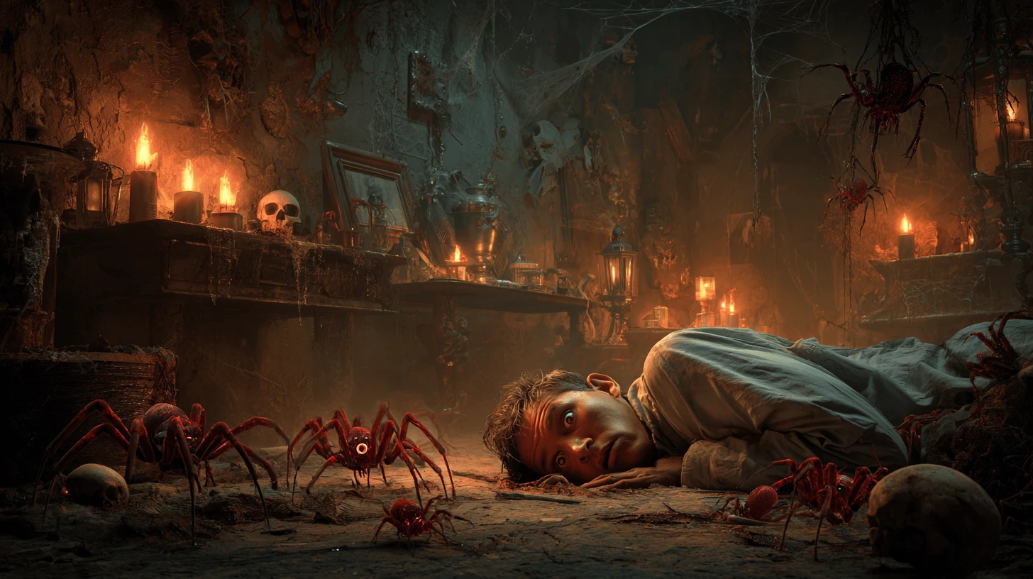 Terrified Man On Floor Surrounded By Crawling Spiders