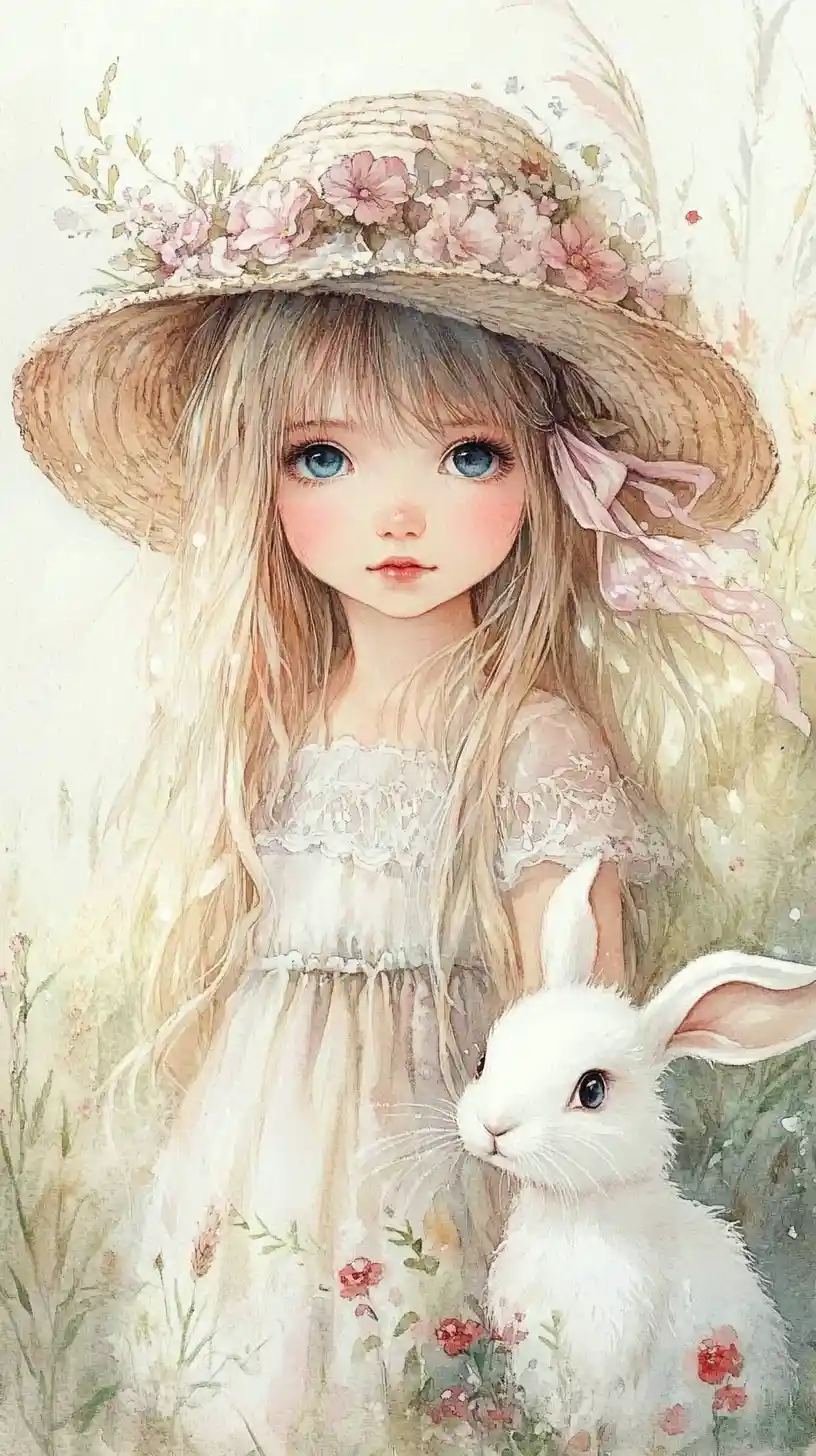 Watercolor girl in straw hat with rabbit in flowers