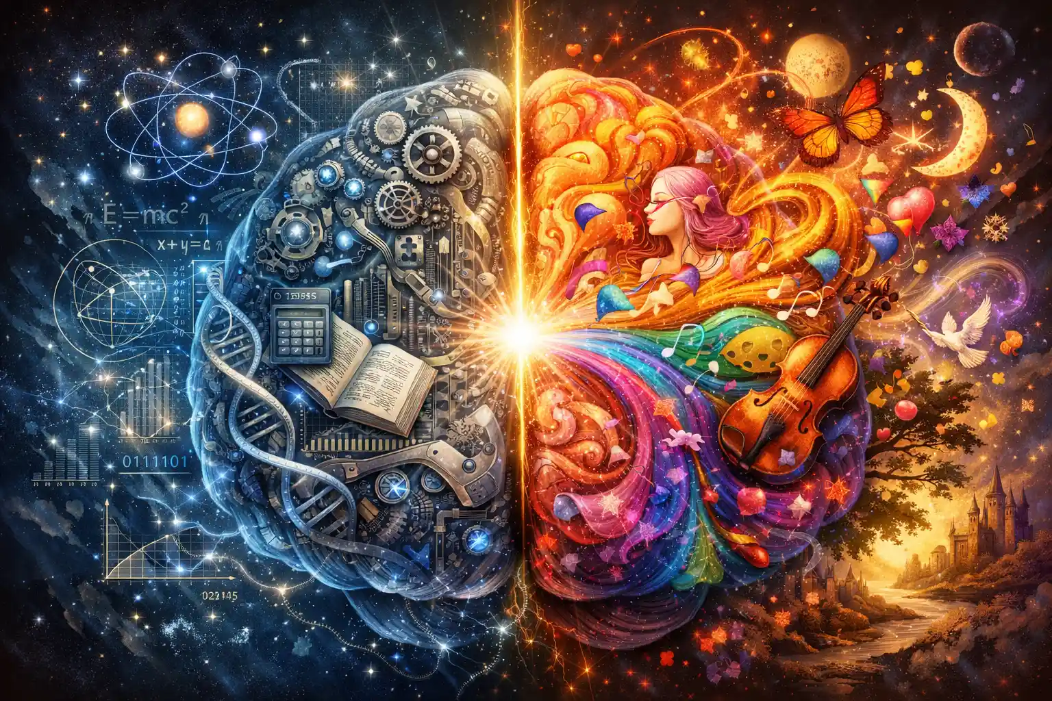 Fantasy brain hemispheres blending logic with creative emotion