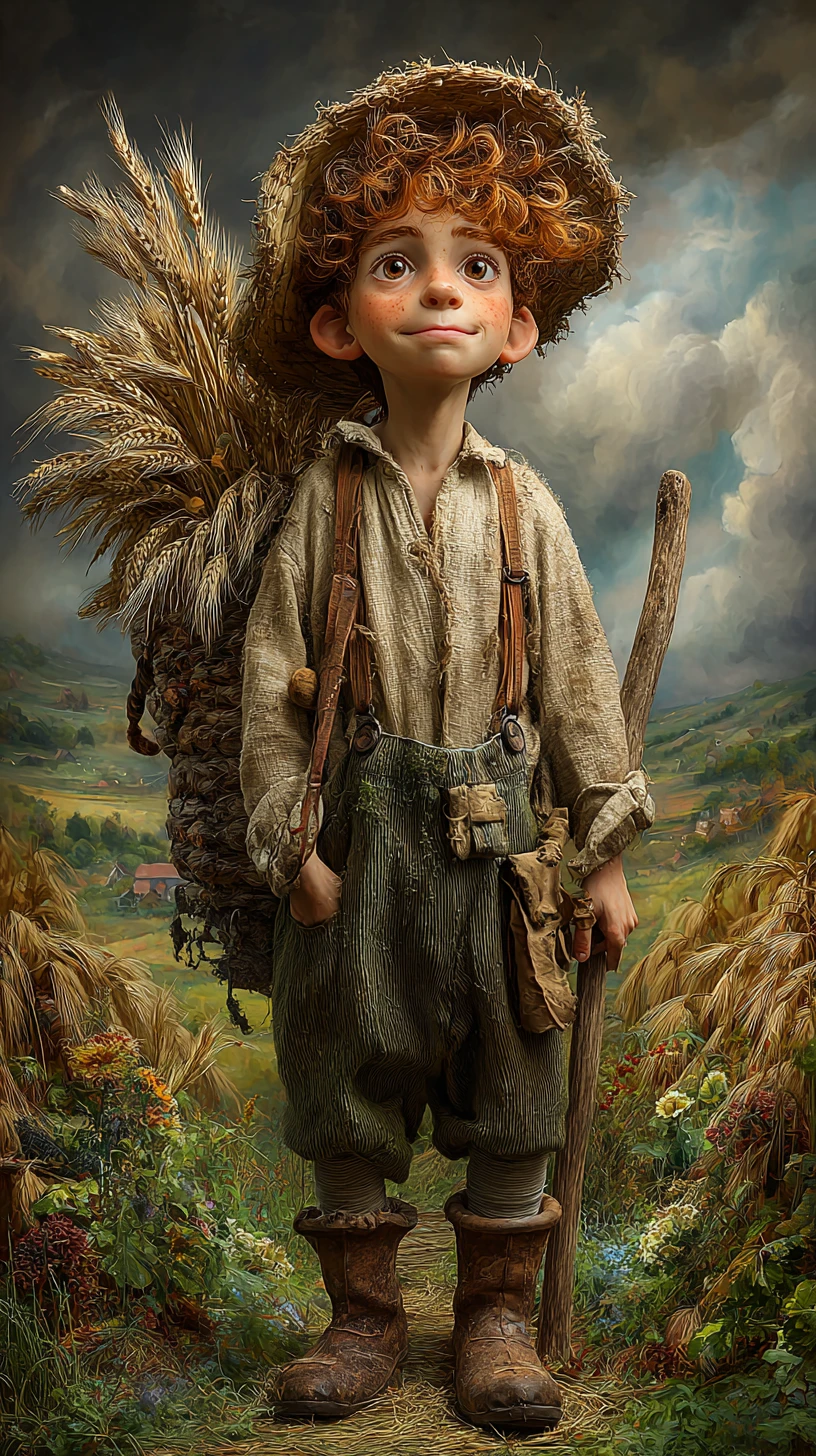 Young farm boy standing in a rural outdoor scene
