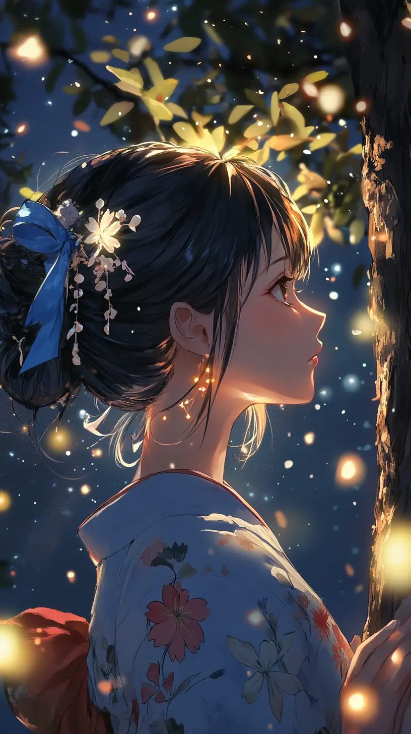 Anime woman in yukata under a glowing summer night sky
