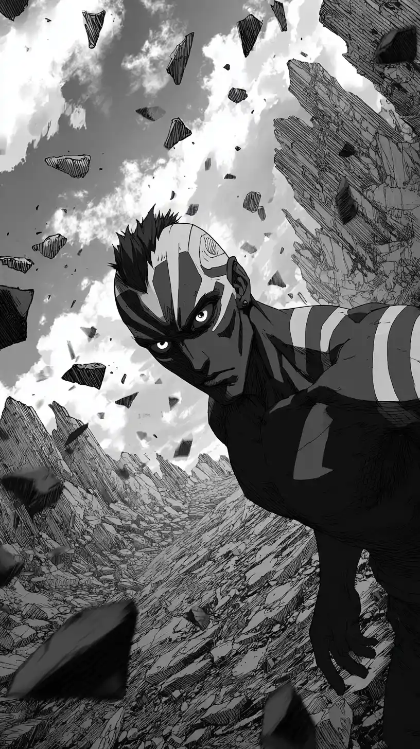 Intense anime man in shattered post apocalyptic landscape