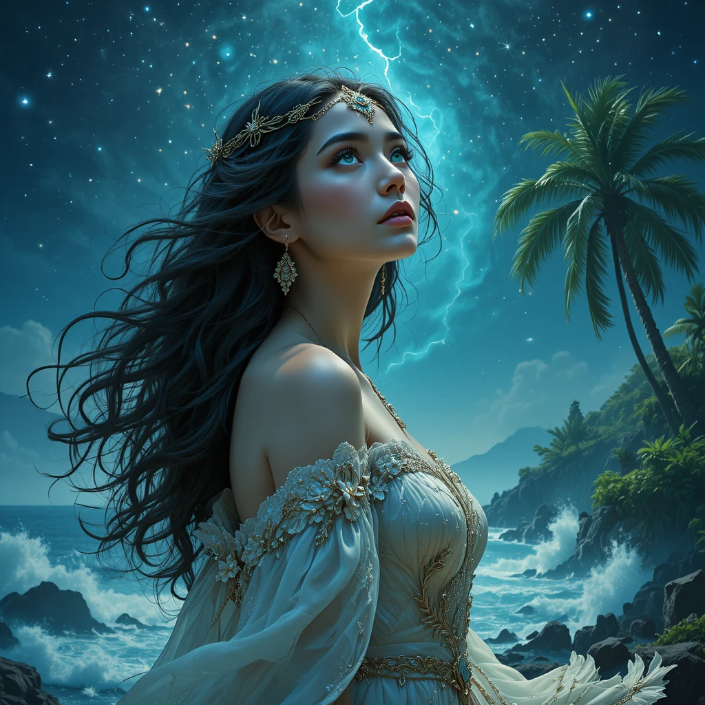 Middle Eastern woman gazing at a starry sea horizon