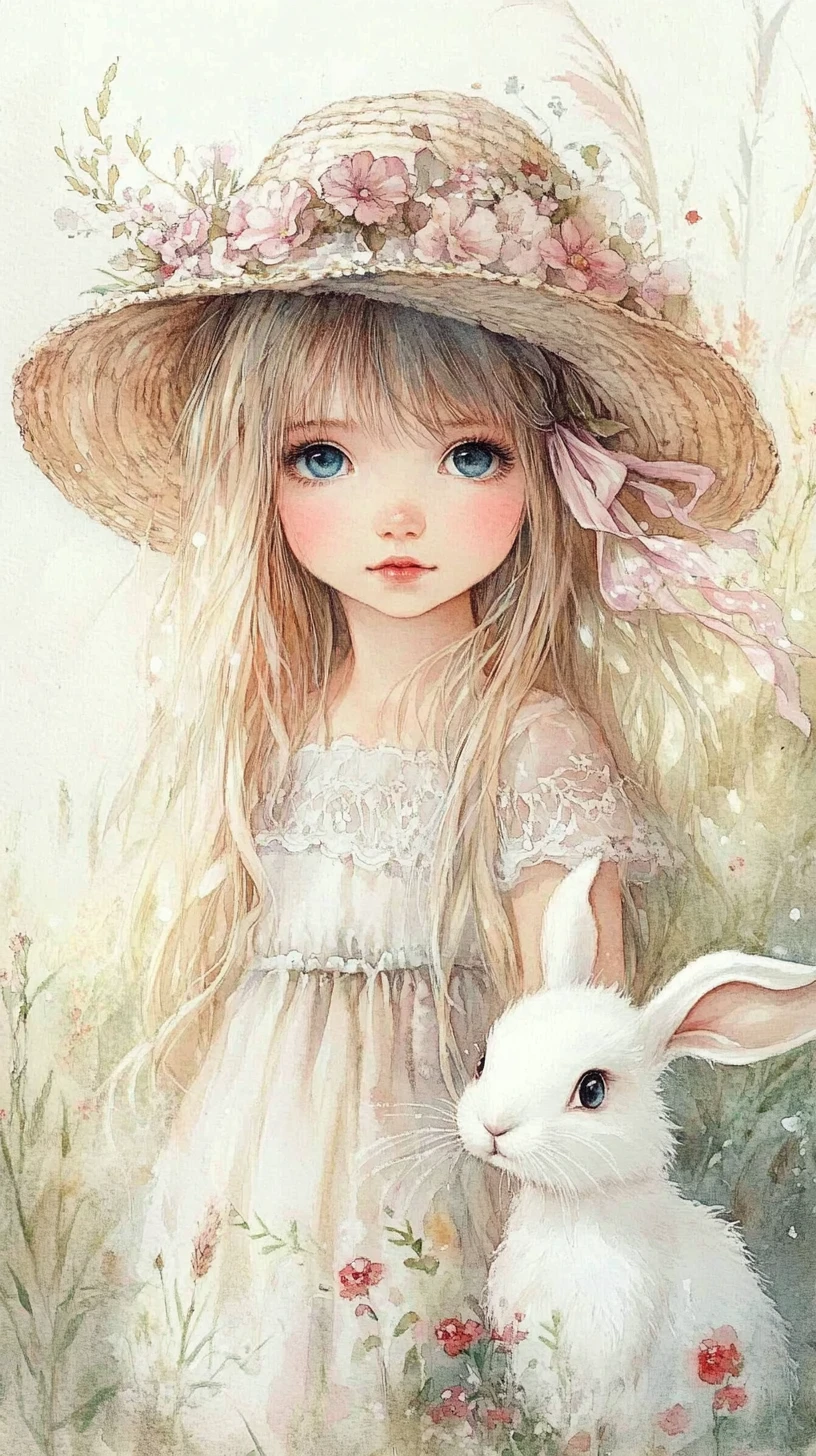 Watercolor girl in straw hat with rabbit in flowers