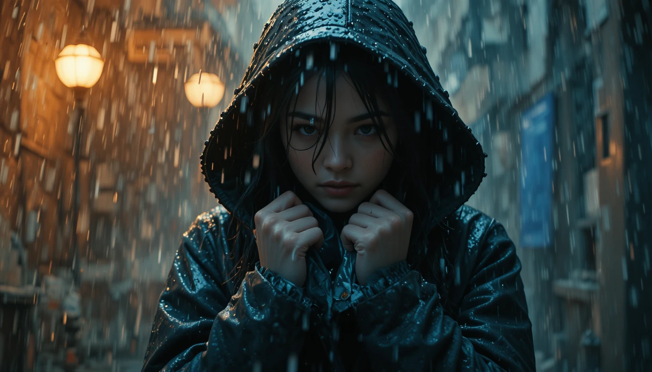 Donna con pesante cappotto sotto una pioggia cinematografica e drammatica