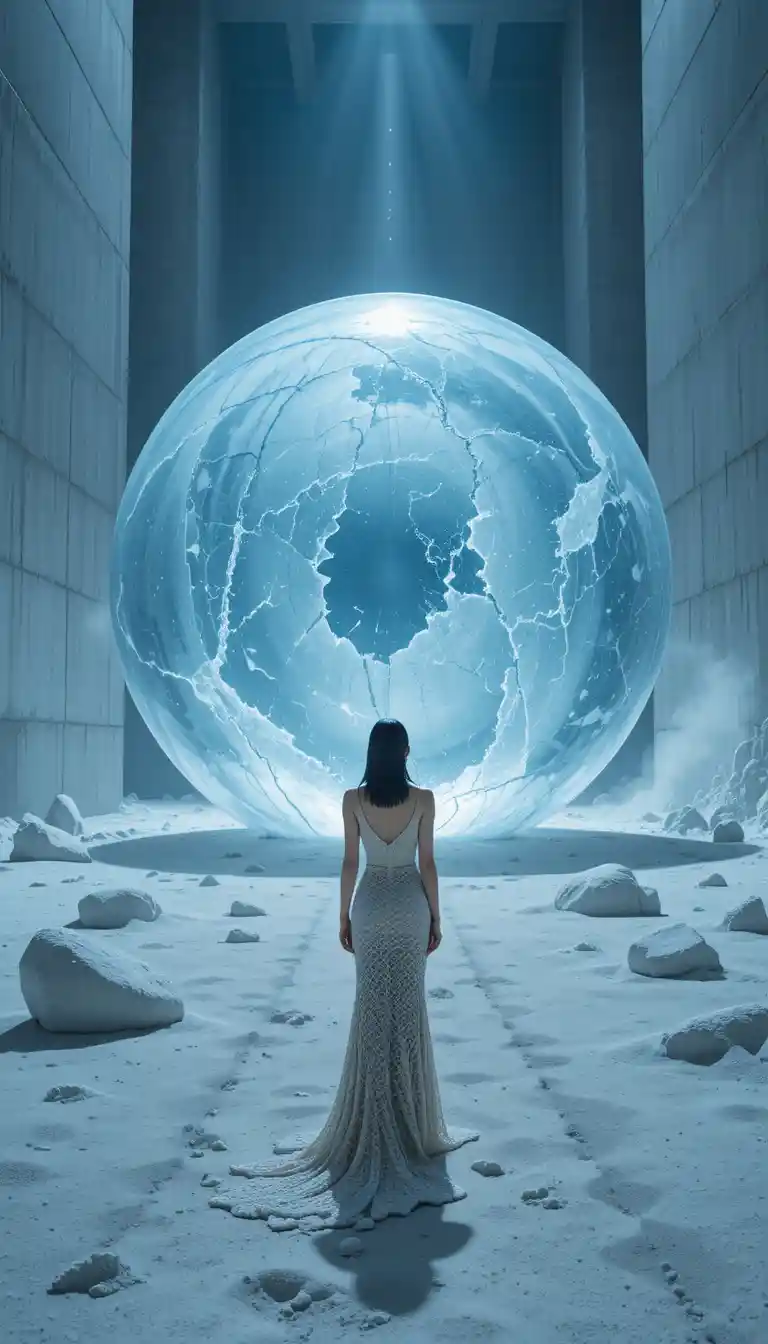 Modella di moda accanto a colossale sfera di ghiaccio in capannone industriale
