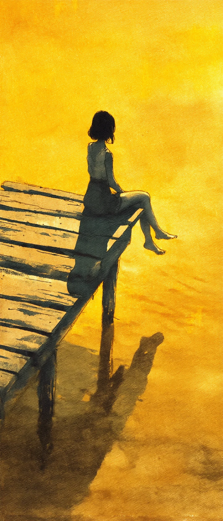 Chica de anime descansando en un muelle de madera tranquilo al atardecer