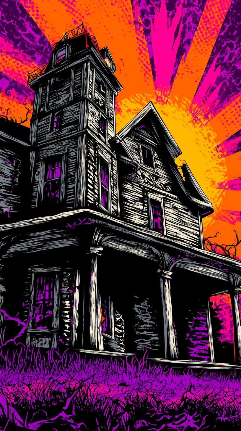 Stylized Haunted House Comic Poster At Dramatic Sunset