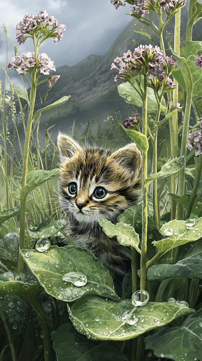 山の風景にたんぽぽといるかわいいトラ柄子猫