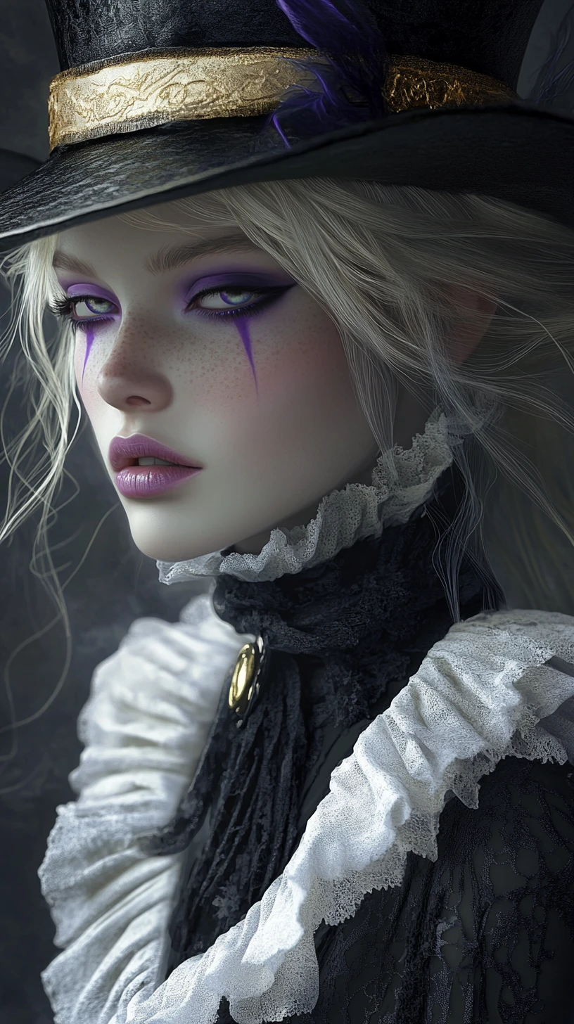 Melancholic woman in top hat with dark purple makeup