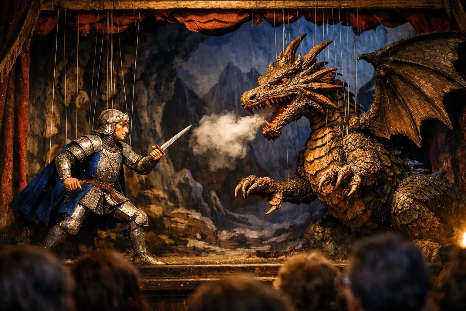 Cavaliere burattino che affronta un drago su un drammatico palcoscenico teatrale