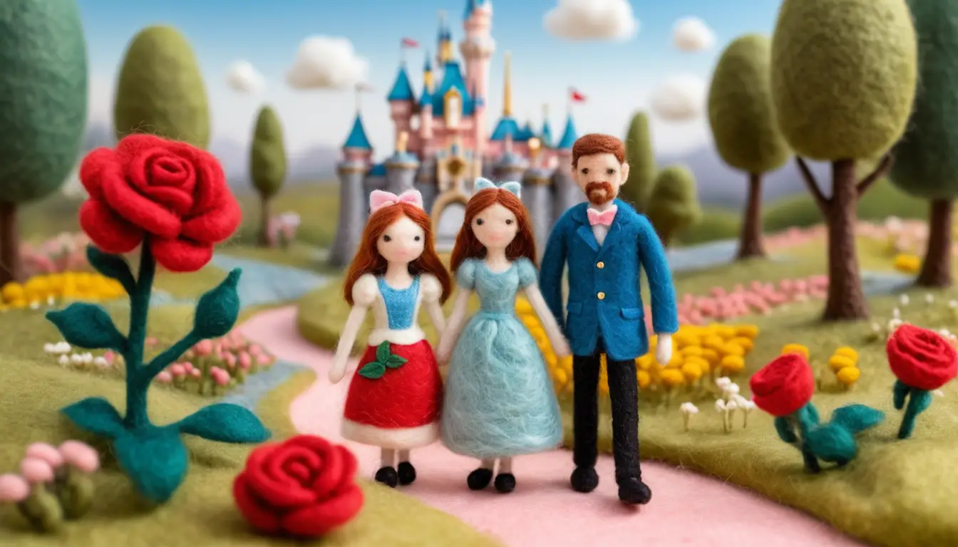 Felted wool family enjoying a whimsical Disneyland park scene