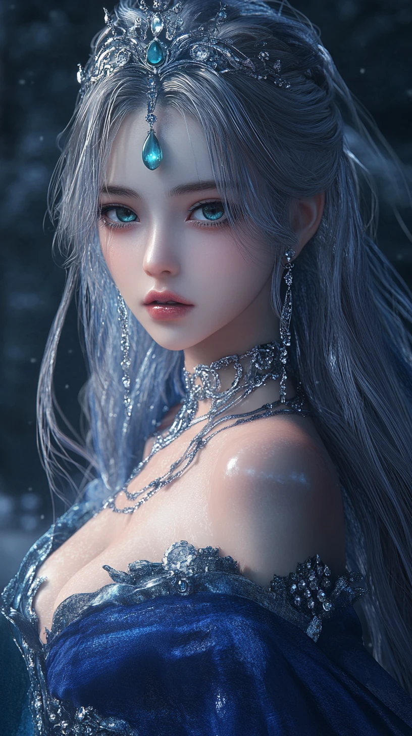 Mulher de anime fantasia com tiara de joias e capa azul