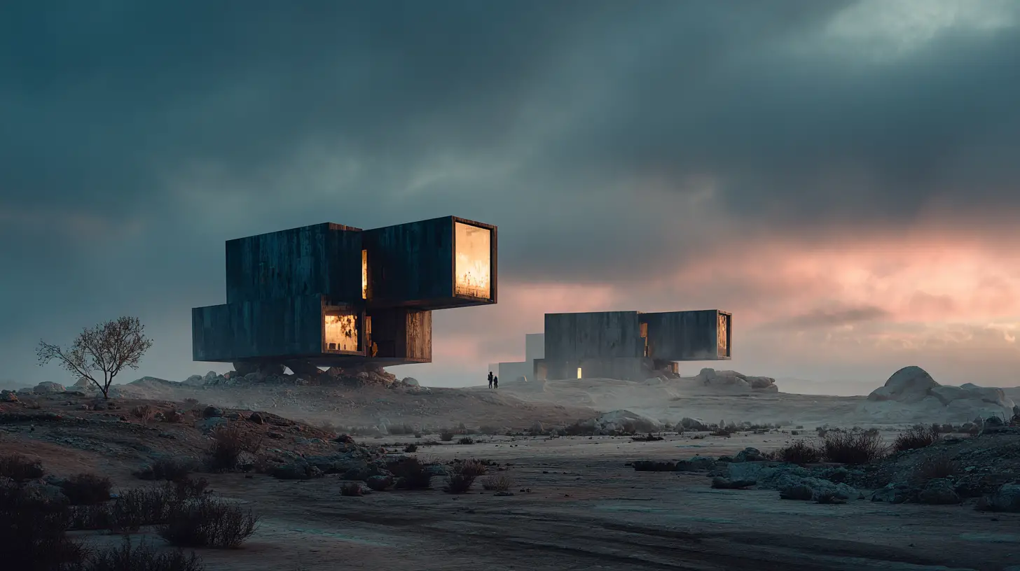 Futuristic outpost architecture in a dark desert landscape
