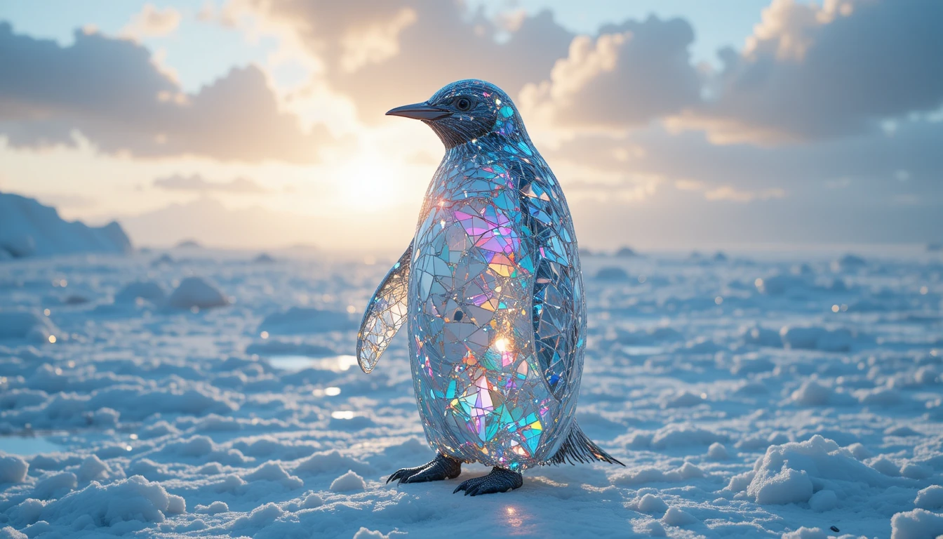 Crystal penguin in arctic snow at golden hour