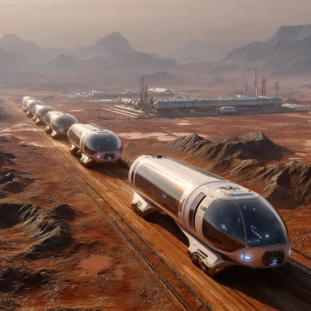 Vehículos de transporte futuristas cruzando vastas zonas industriales de Marte