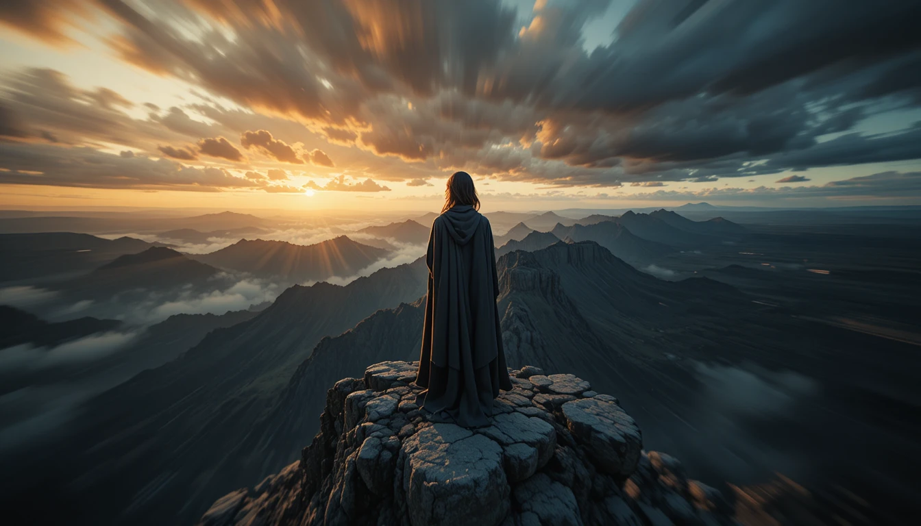 Woman on a jagged cliff in dramatic dolly zoom perspective