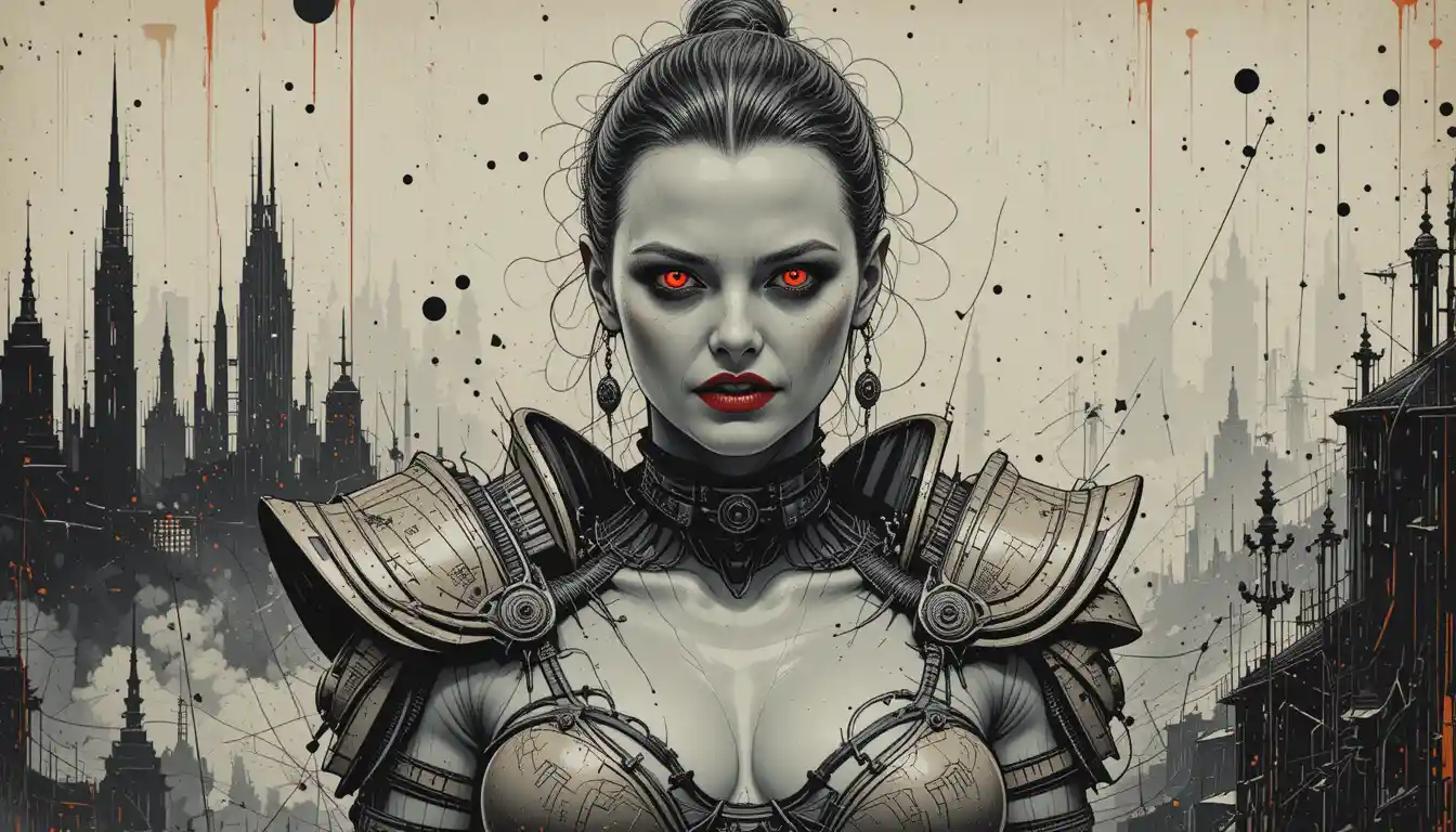 Alien warrior woman in armor with intense red eyes