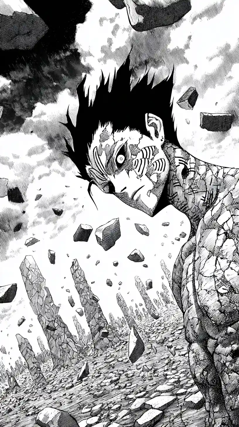 Anime warrior with cracked skin in a ruined landscape
