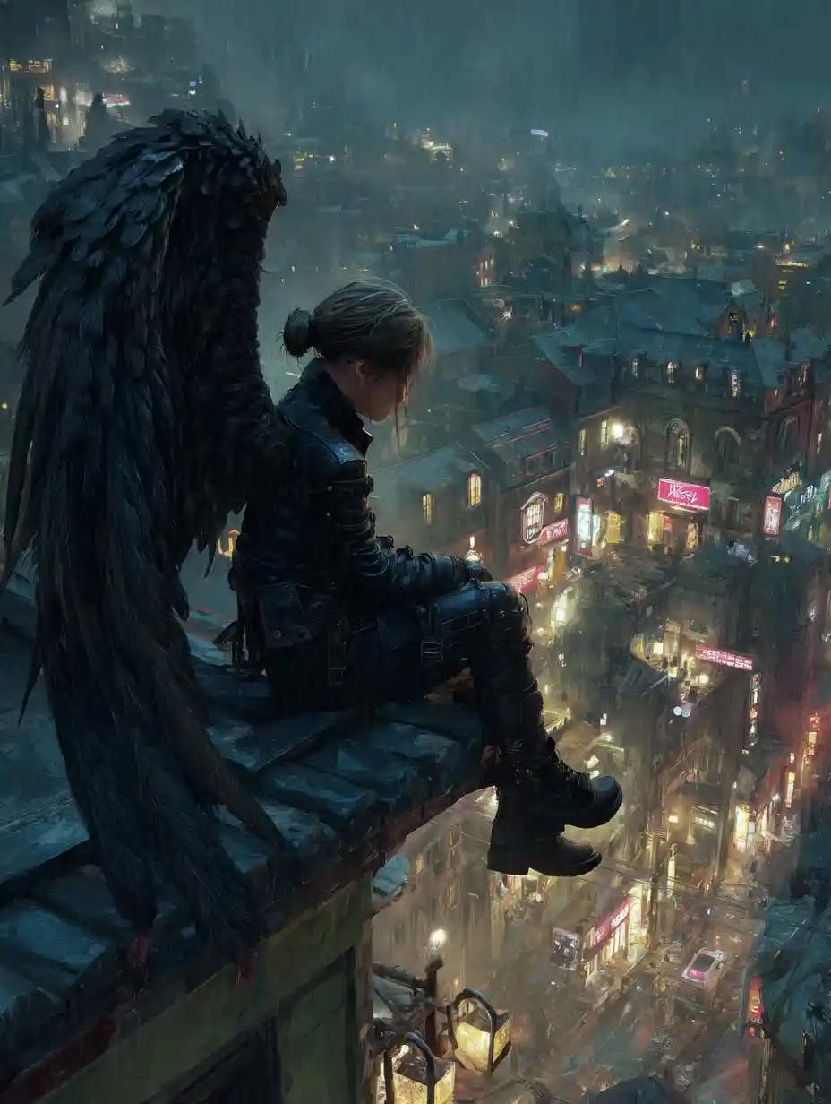 Sad winged girl on a rainy futuristic city rooftop