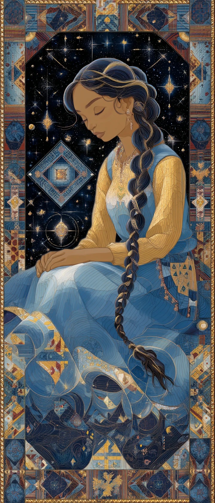 Anime woman weaving glowing story threads in cosmic quilt