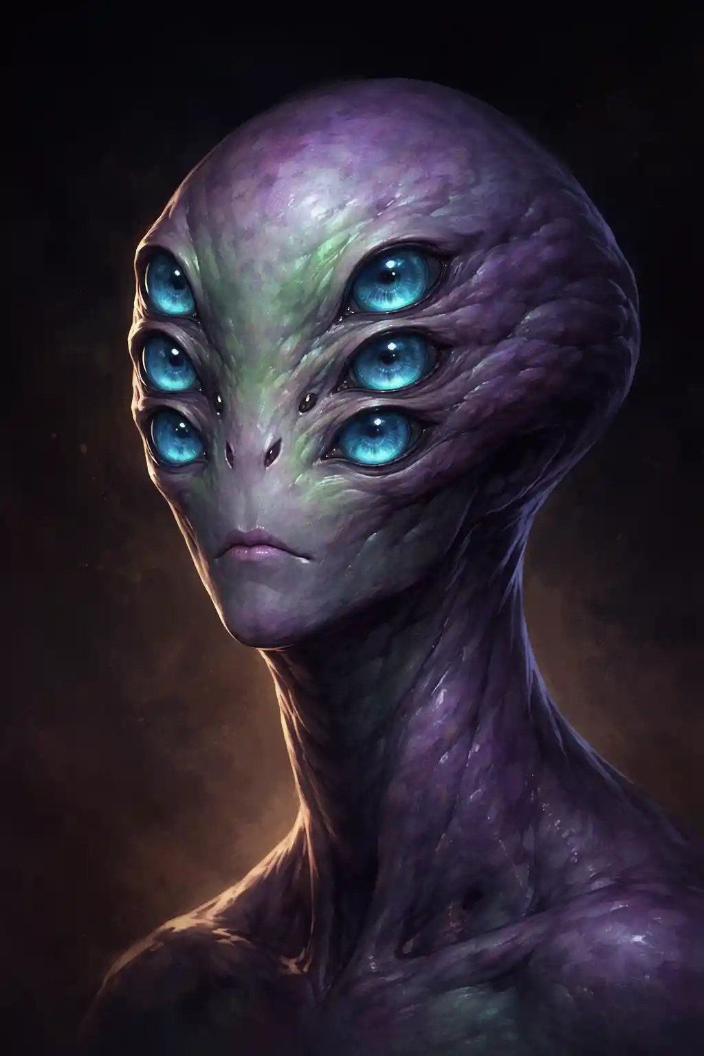 Six eyed alien portrait with glowing blue eyes