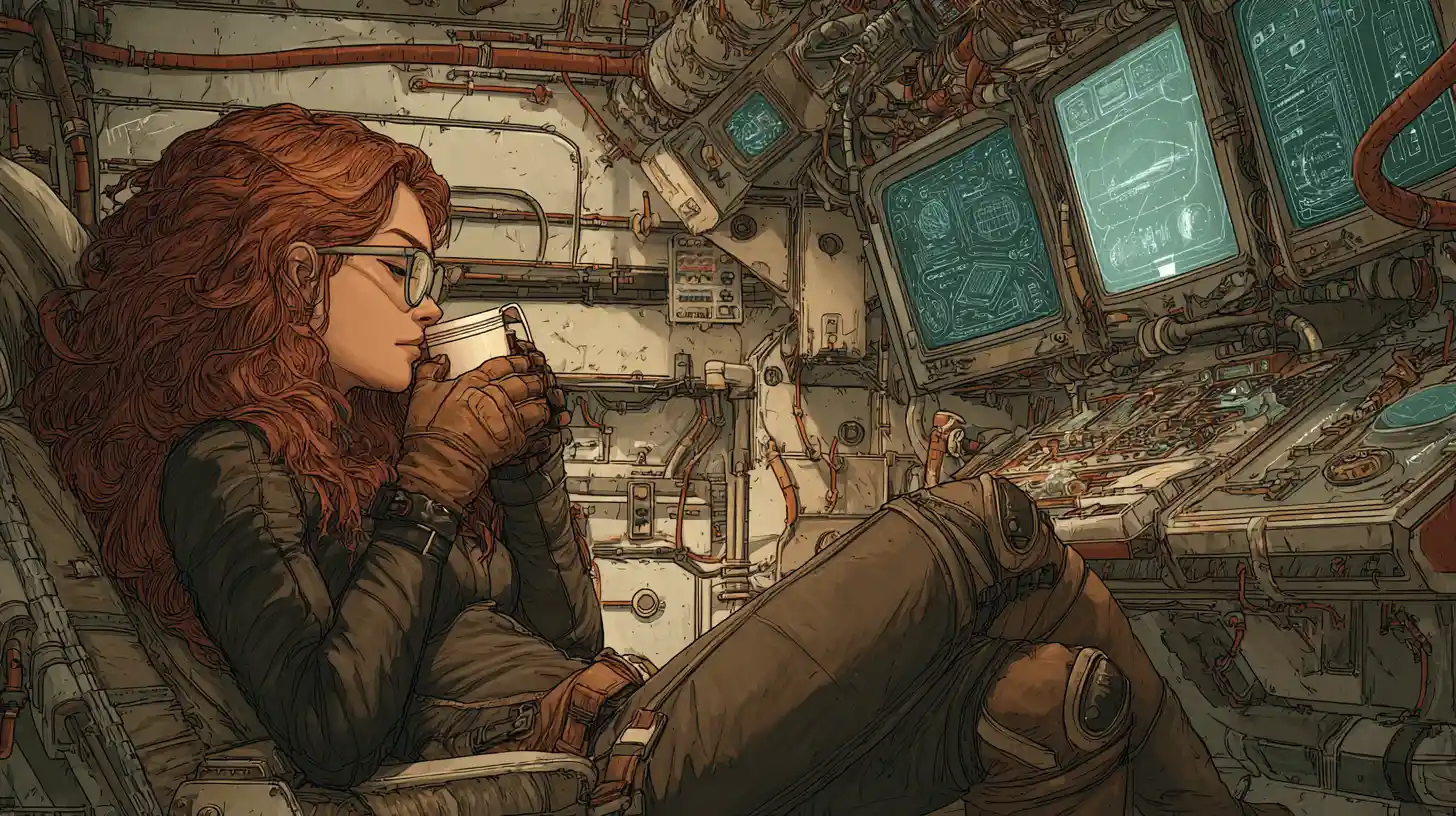 Athletic woman in black leathersuit inside old spaceship cockpit