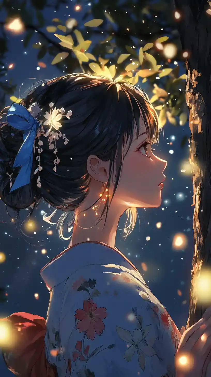 Anime woman in yukata under a glowing summer night sky