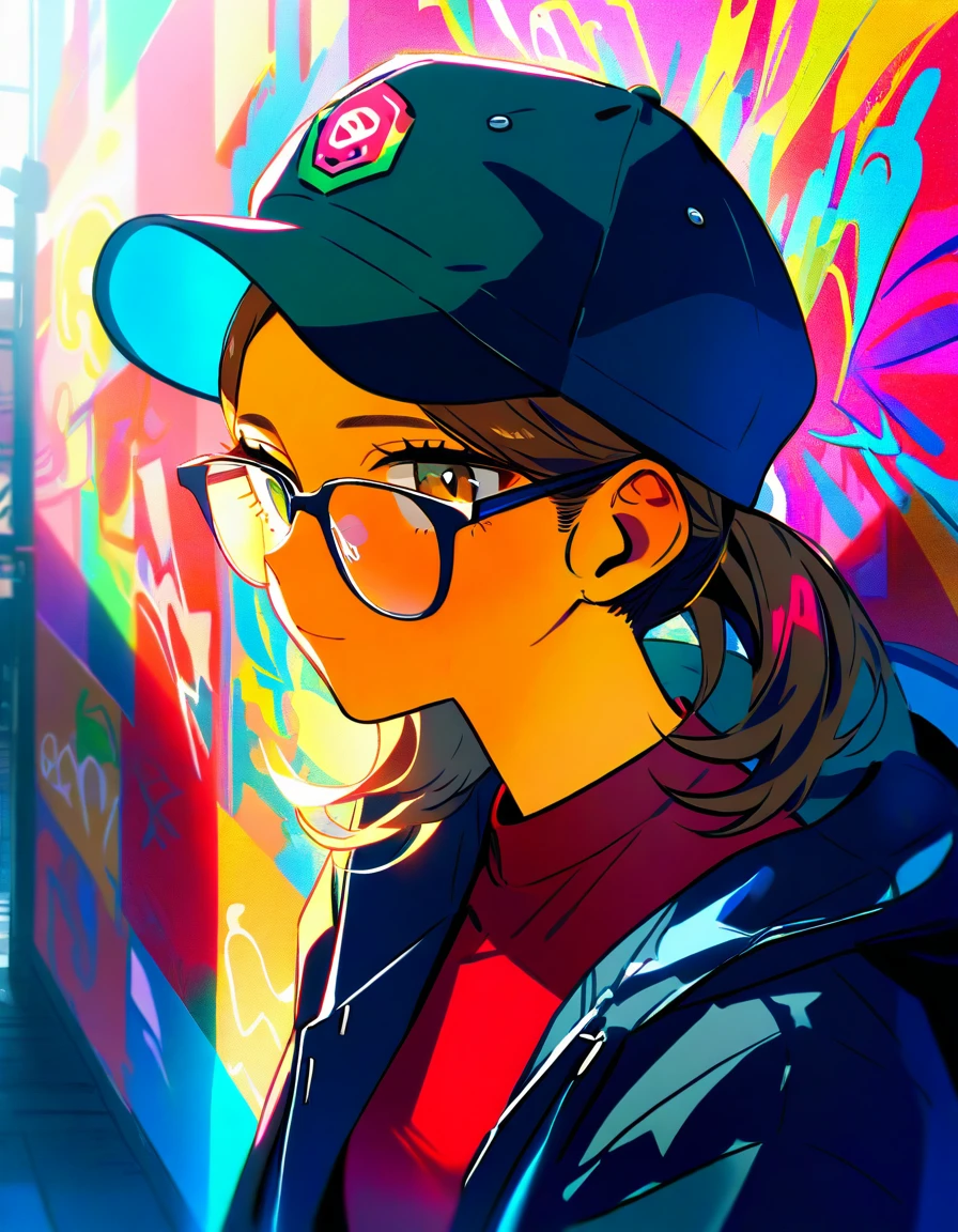 Confident woman posing by vibrant multicolored graffiti wall