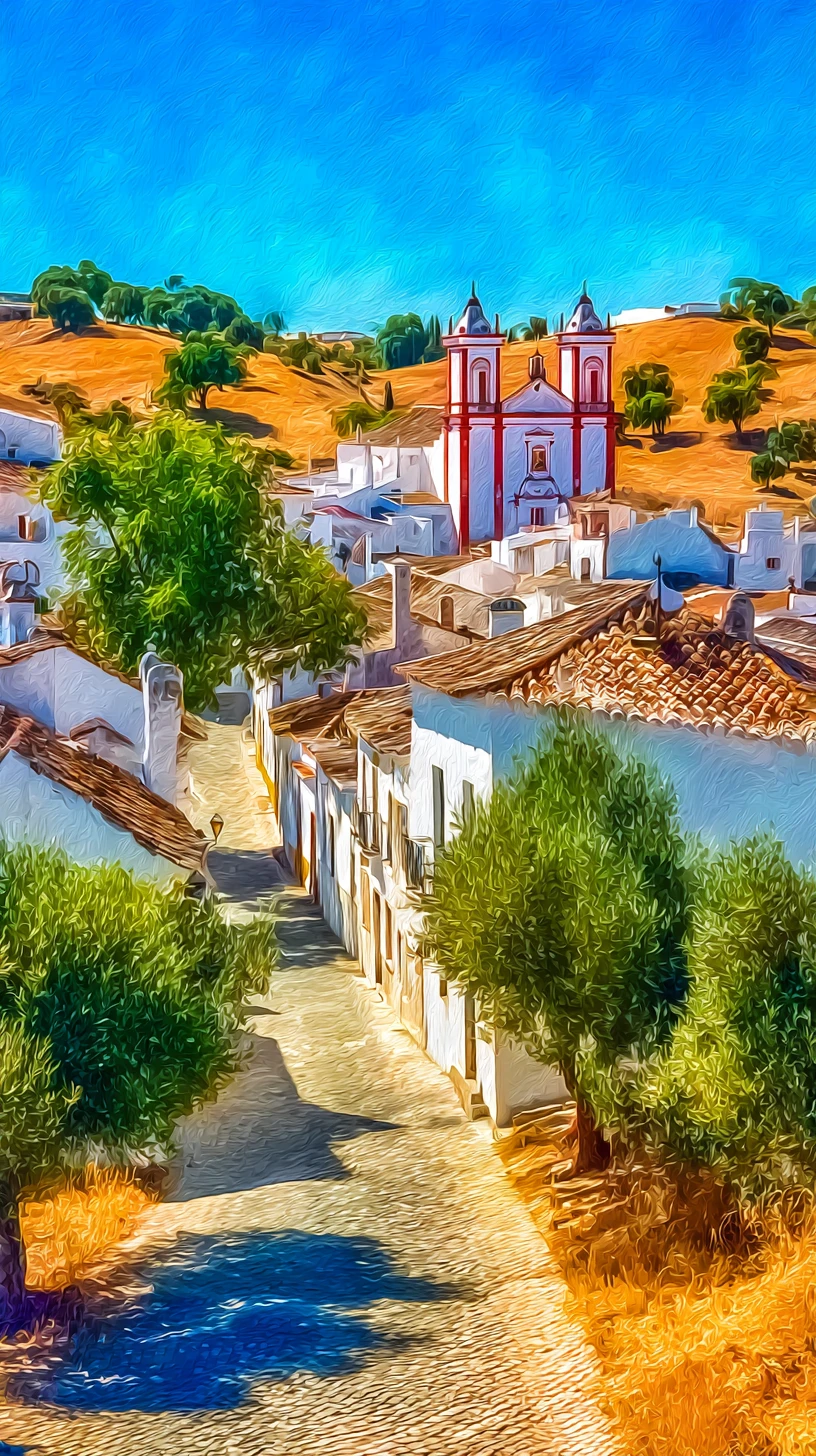 Calle soleada de un pueblo portugués con iglesia y colinas