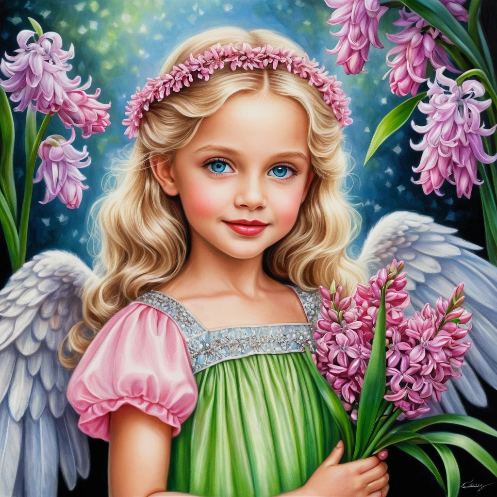Smiling spring angel girl with flowers and green dress
