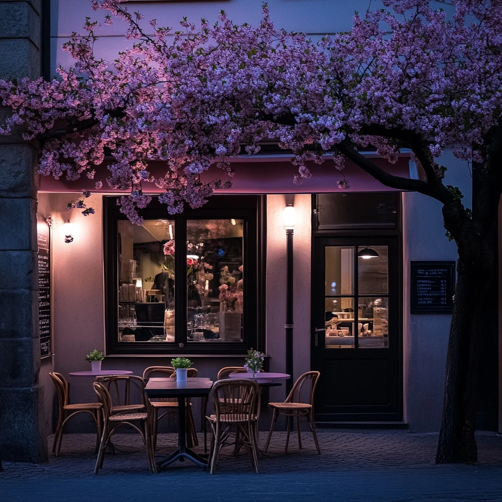 桜の木が並ぶ印象派の夜の街角カフェ