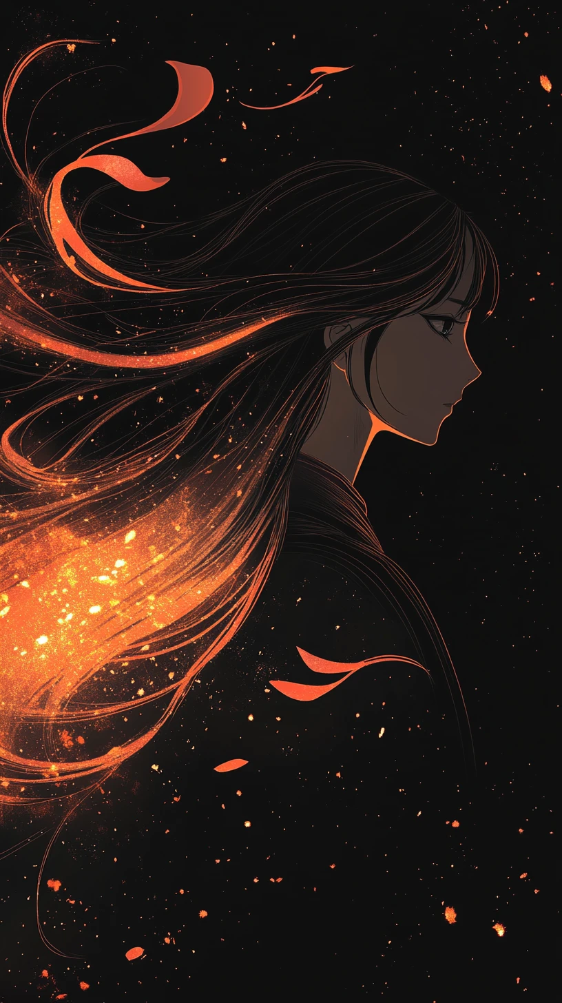 Anime girl in fiery neon profile with flowing hair