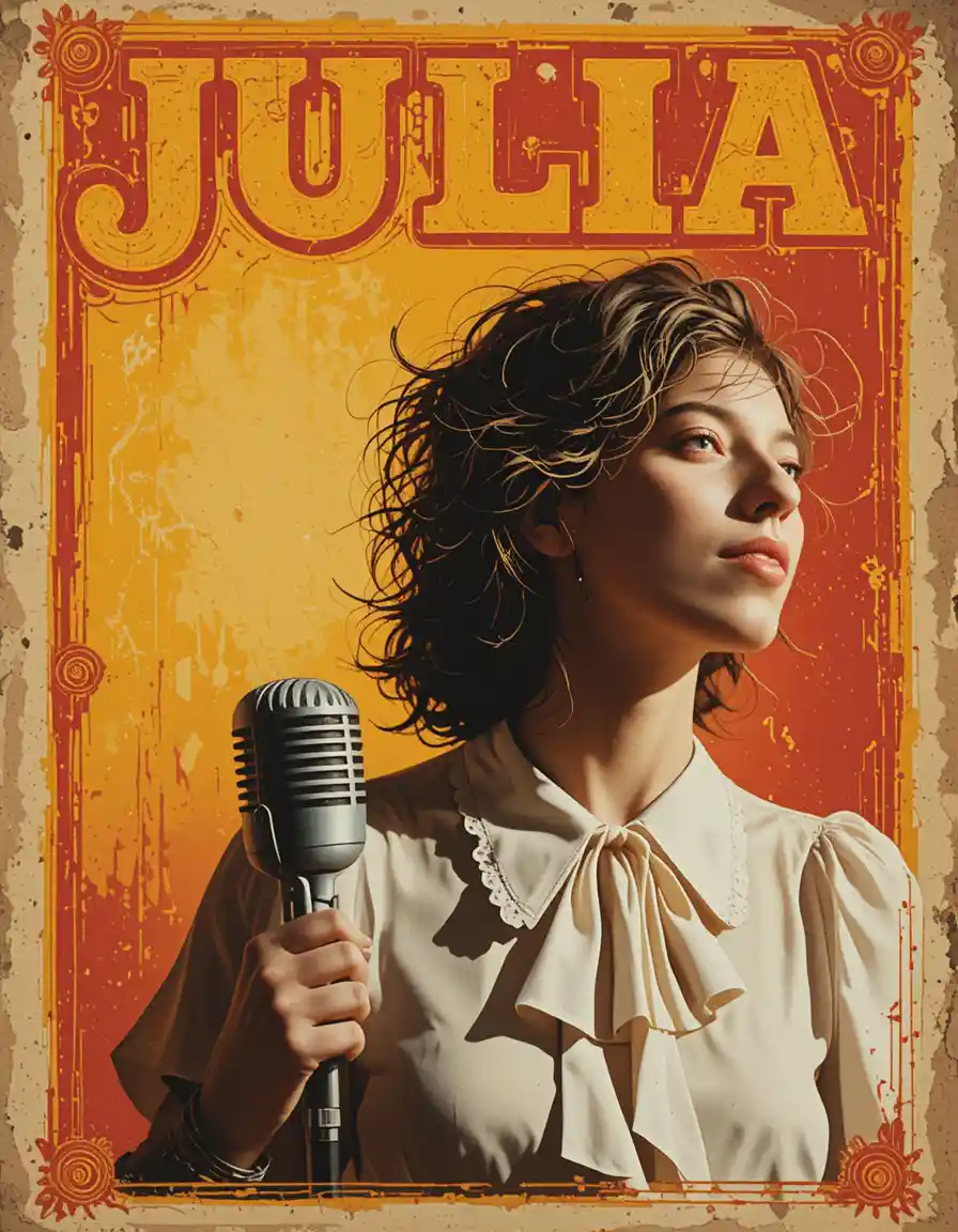 Vintage concert poster with smiling singer and microphone portrait