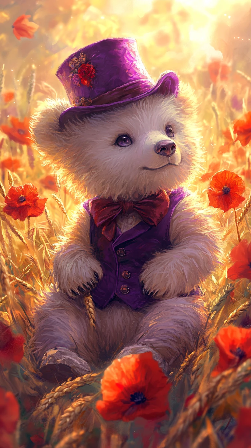 Cute Baby Bear In Poppy Field Under Bright Sunlight