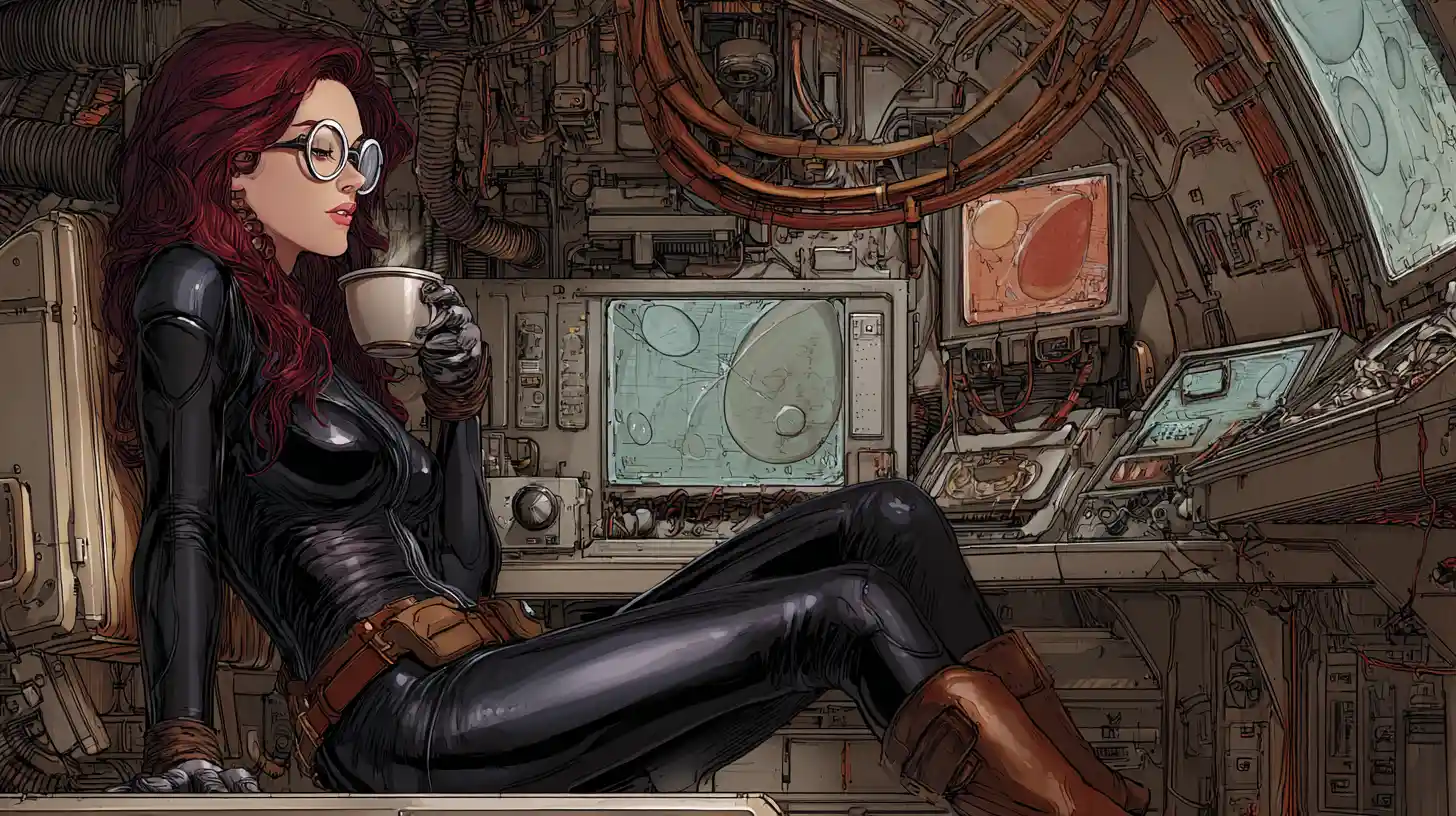 Athletic woman in leather suit aboard an old spaceship