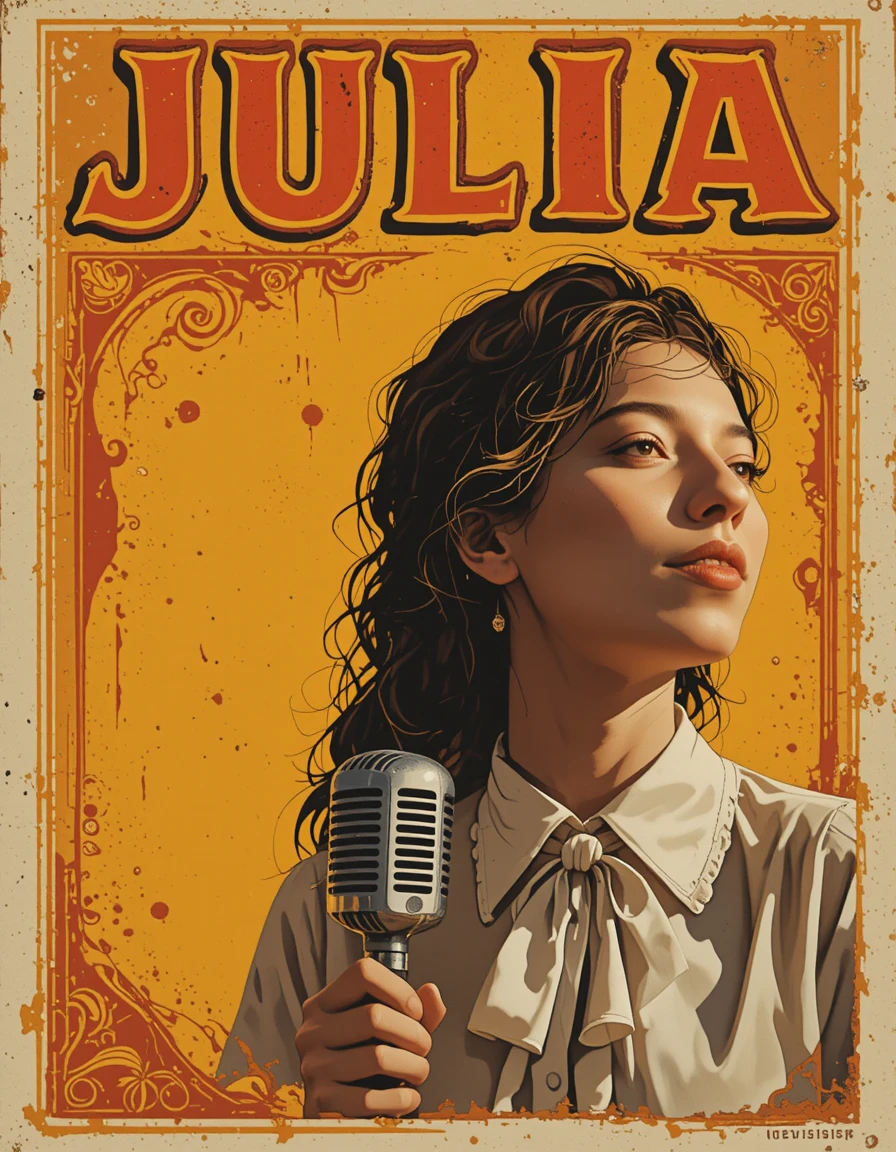 Affiche de concert vintage avec chanteuse souriante et micro