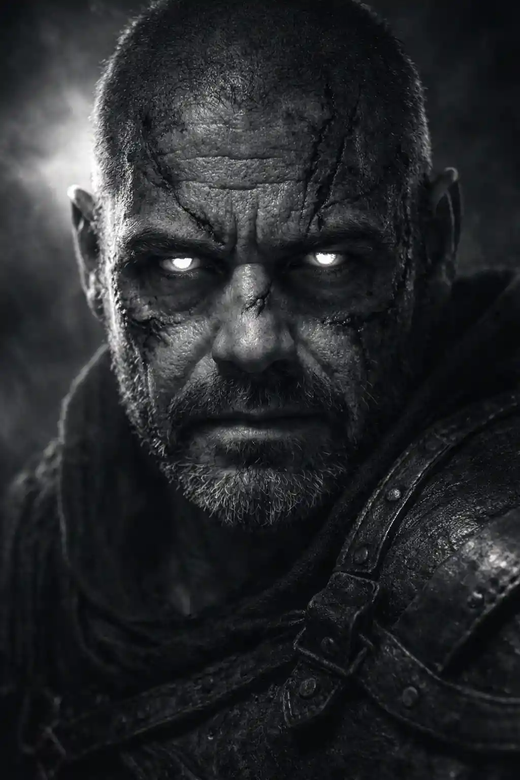 Monochrome Close Up Portrait Of Scarred Orc Warrior