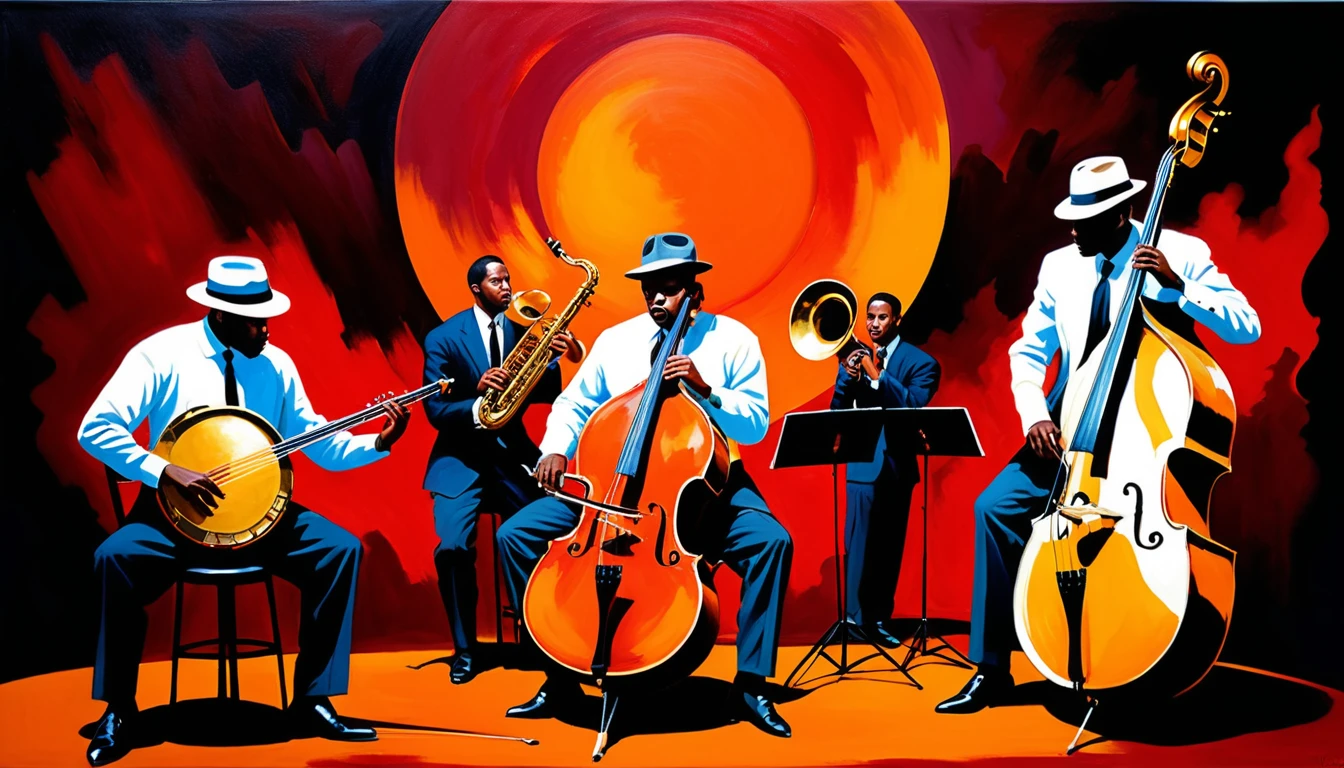 Jazz musicians playing bass and saxophone in expressive oil painting