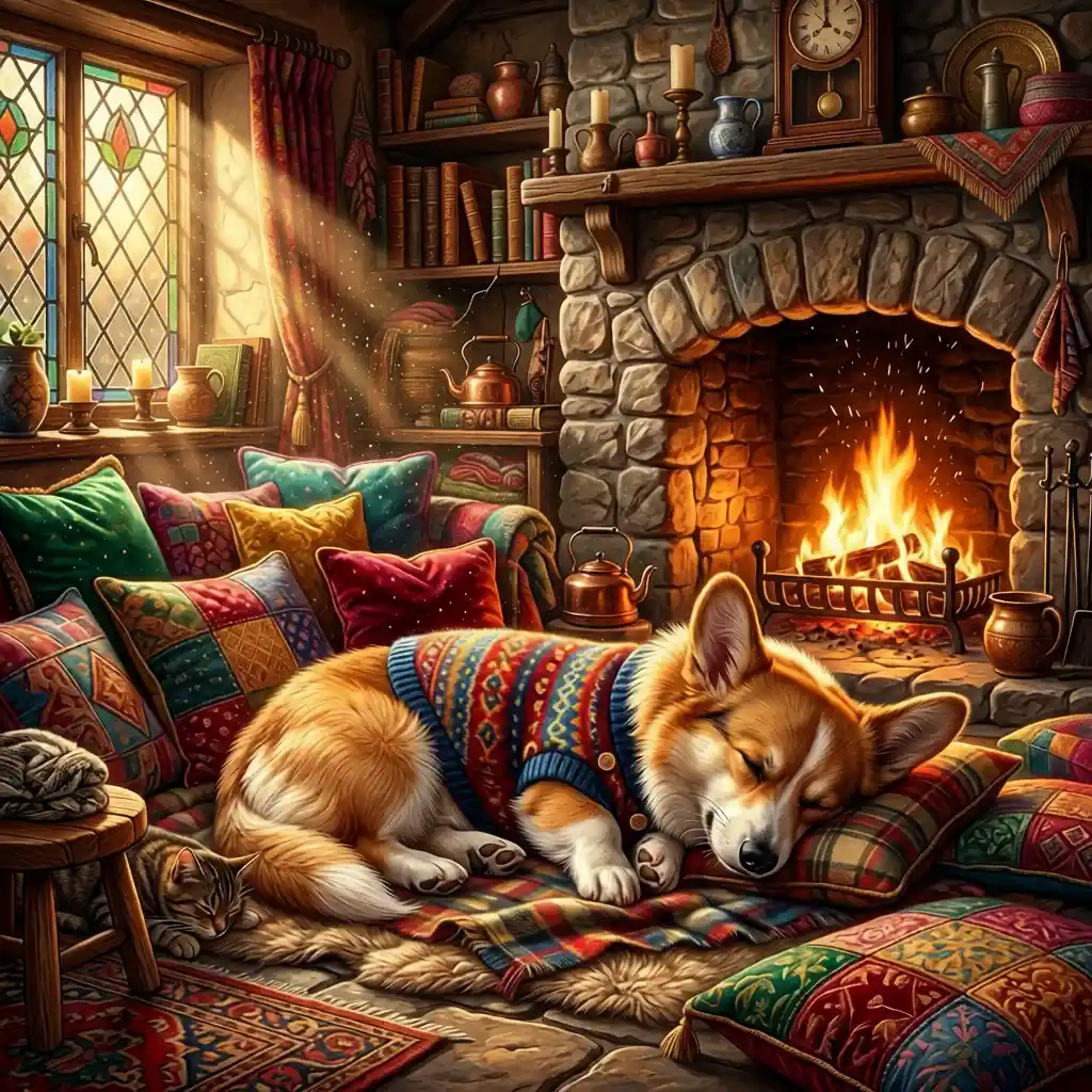 Corgi Curled Up By A Fireplace In A Cozy Cottage