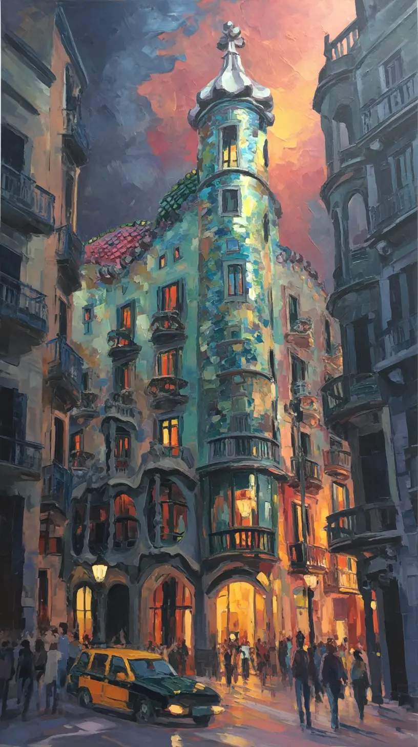 Romantic gouache view of Casa Batllo from busy Barcelona street