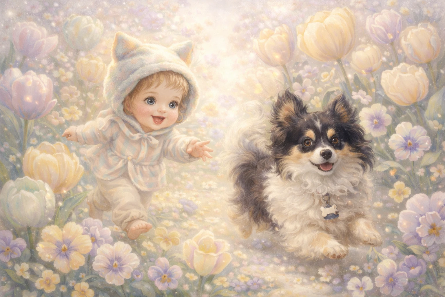 Toddler Chasing Puppy In Pastel Flower Nursery Illustration