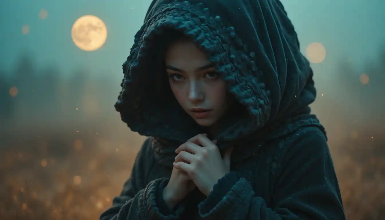 Young woman in velvet cloak in soft moonlit haze